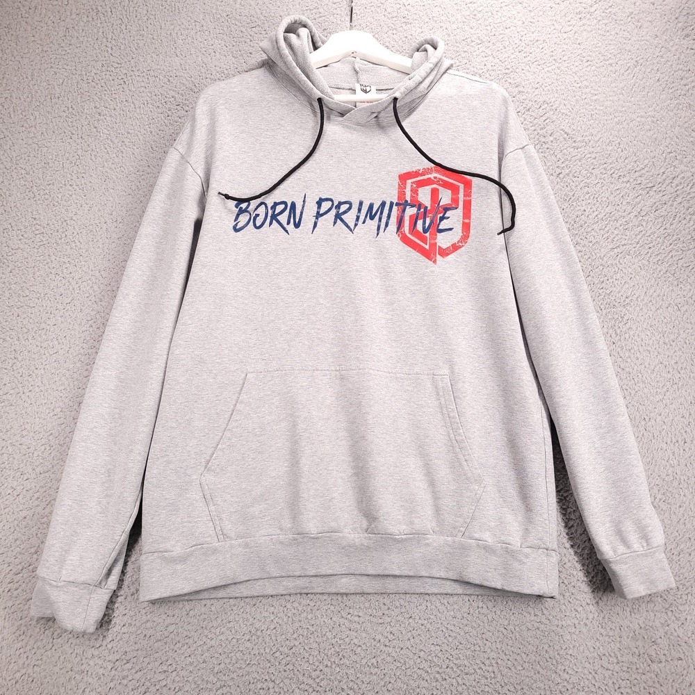 BP Born Primitive Hoodie Size LARGE Heather Gray Graphic Logo‎ Stretch Knit